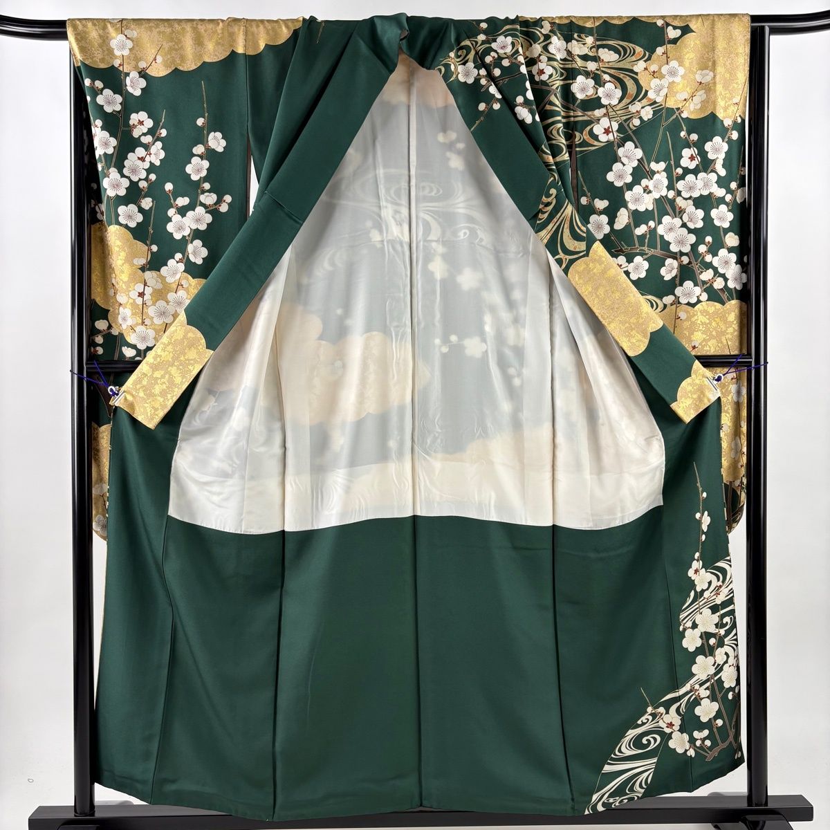 振袖 身丈156.5cm 裄丈66cm M 袷 枝梅 流水 金糸 金彩 深緑 正絹 名品