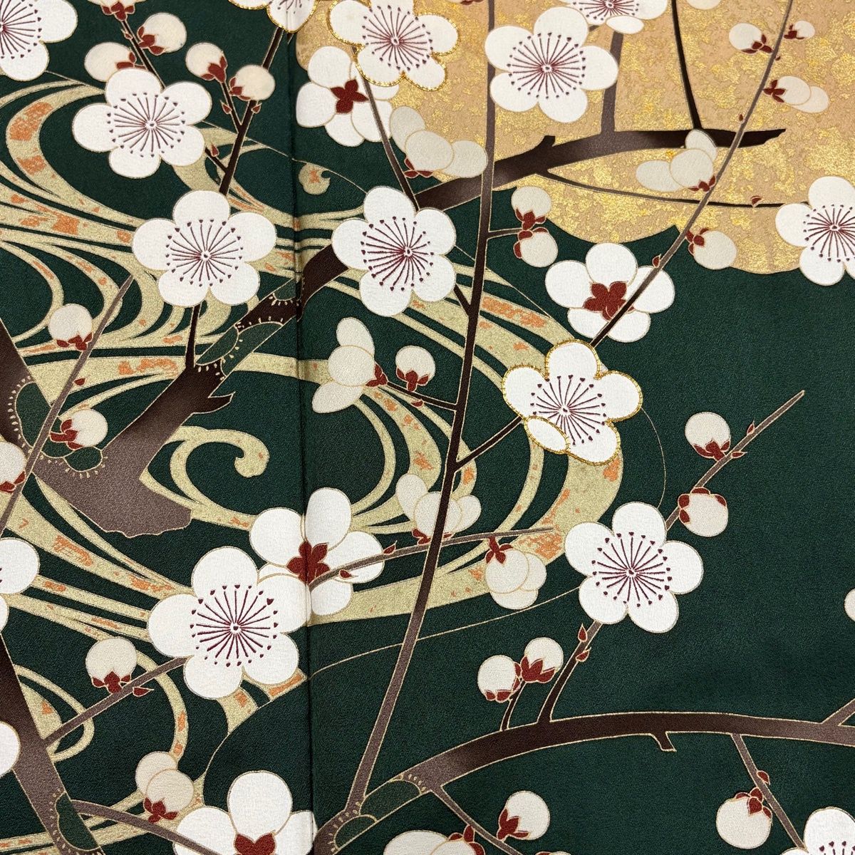 振袖 身丈156.5cm 裄丈66cm M 袷 枝梅 流水 金糸 金彩 深緑 正絹 名品
