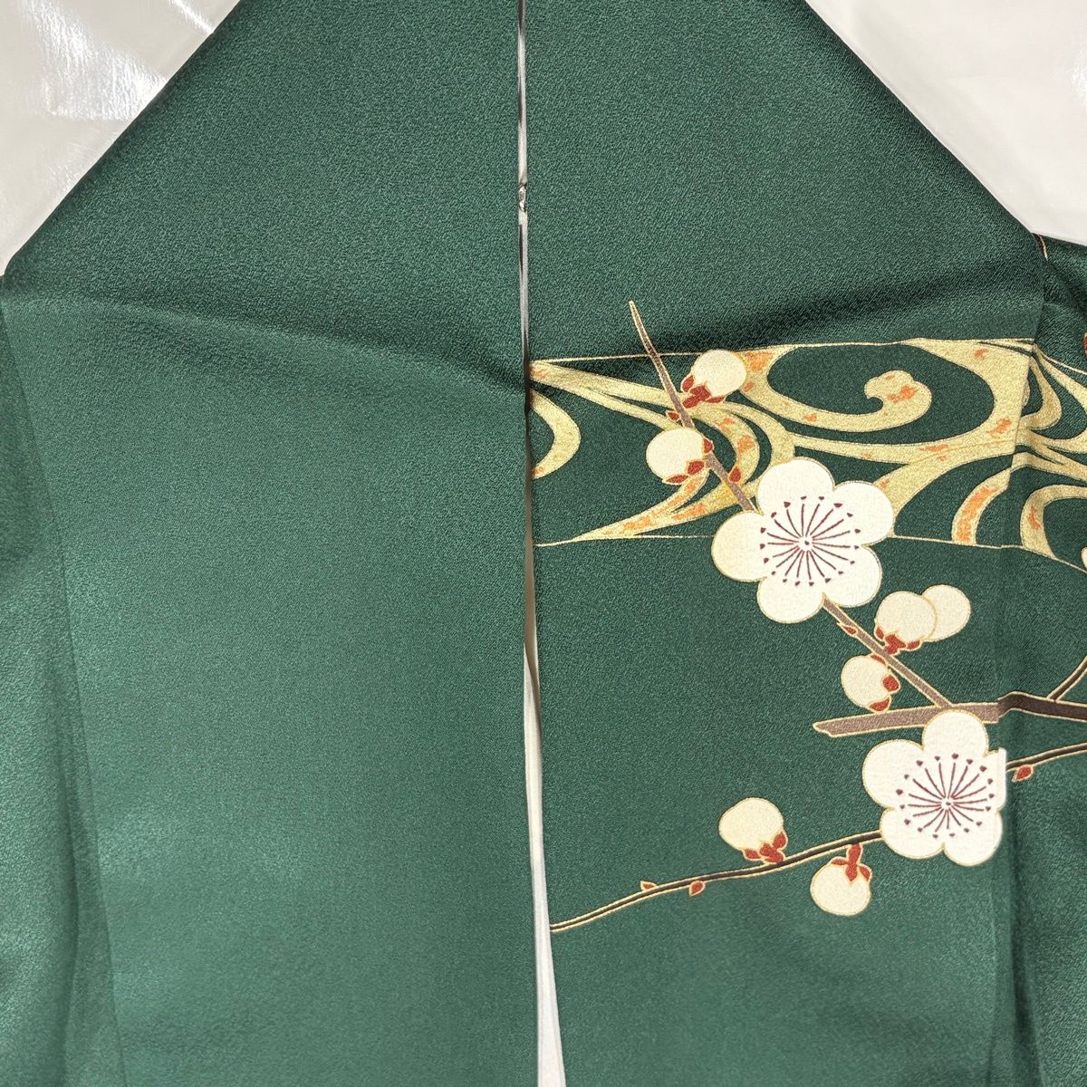 振袖 身丈156.5cm 裄丈66cm M 袷 枝梅 流水 金糸 金彩 深緑 正絹 名品