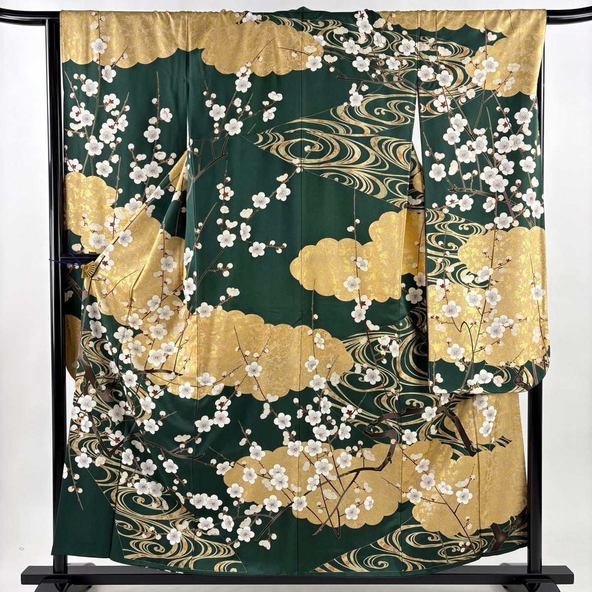 振袖 身丈156.5cm 裄丈66cm M 袷 枝梅 流水 金糸 金彩 深緑 正絹 名品
