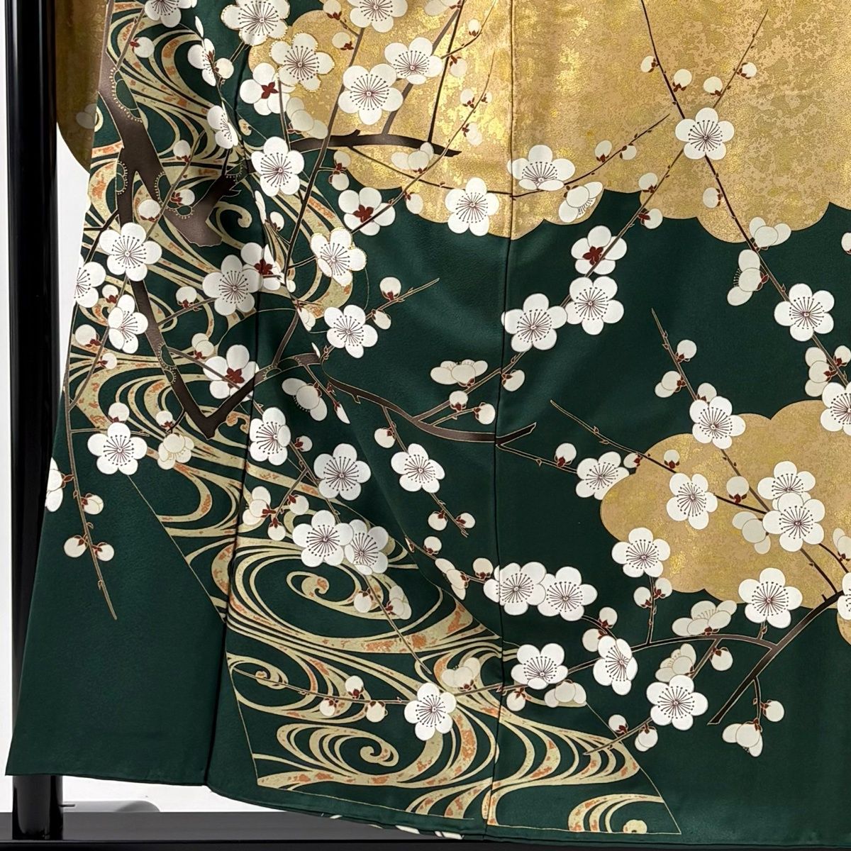 振袖 身丈156.5cm 裄丈66cm M 袷 枝梅 流水 金糸 金彩 深緑 正絹 名品