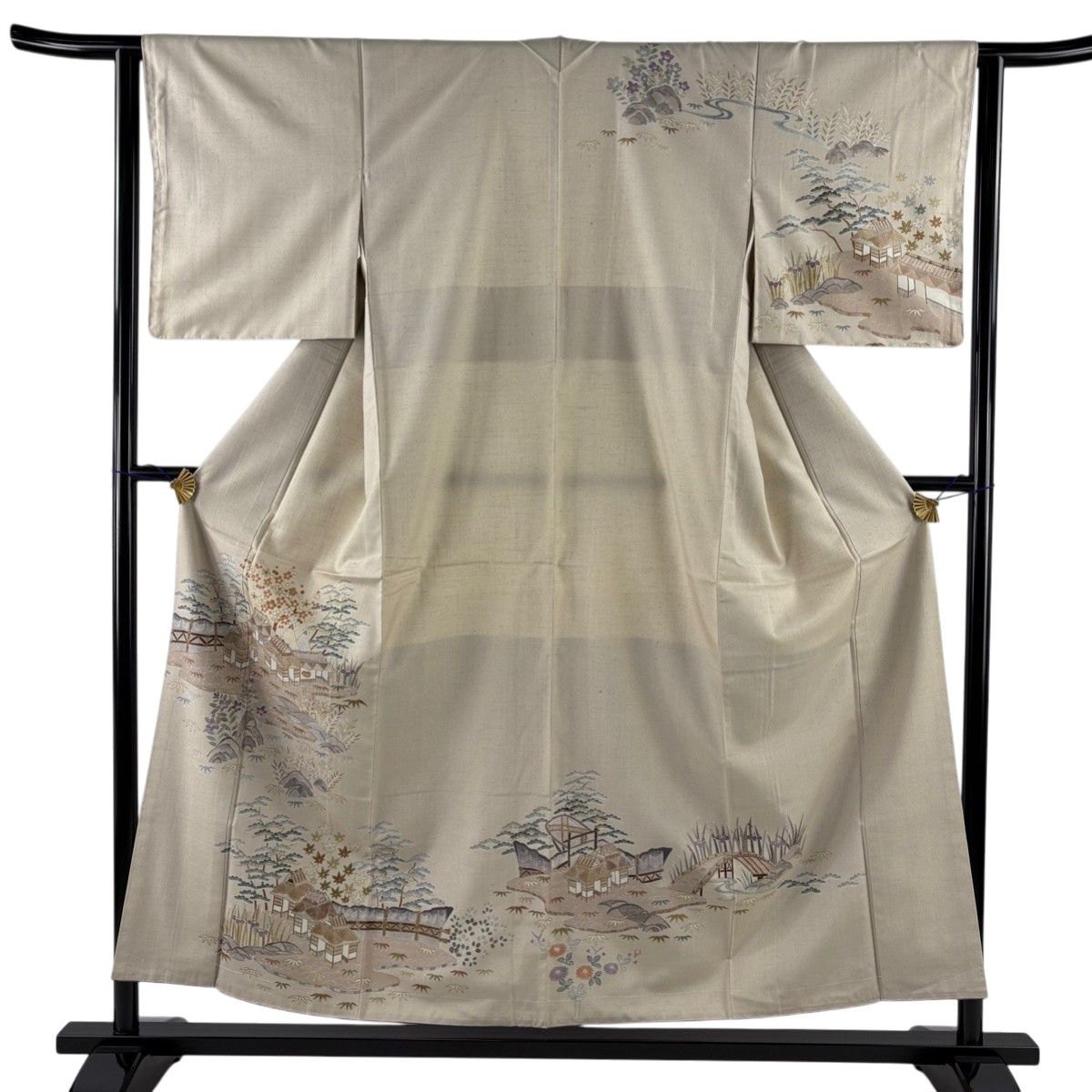 訪問着 身丈155.5cm 裄丈62.5cm S 袷 紬地 家屋 松竹梅 金彩 ベージュ