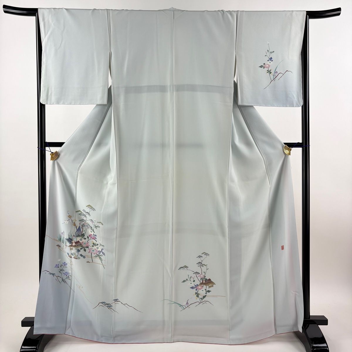 付下げ 身丈167.5cm 裄丈65cm M 袷 岡本幸治 落款 建物 笠松 ぼかし 青