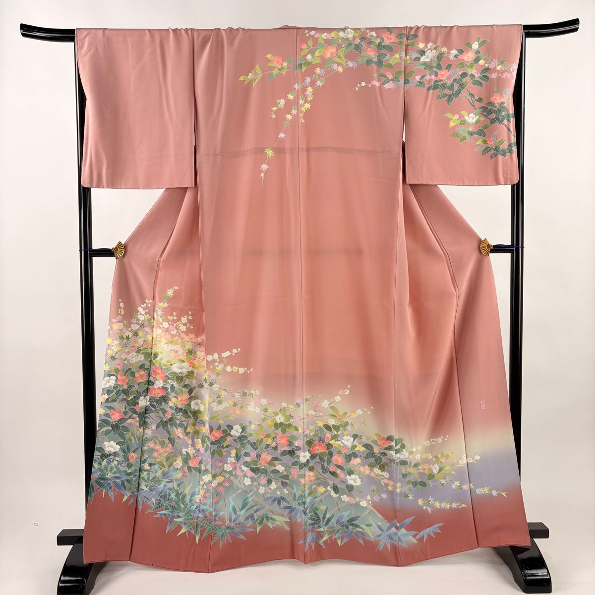 訪問着 身丈165cm 裄丈68cm L 袷 落款 椿 枝梅 ピンク 正絹 名品