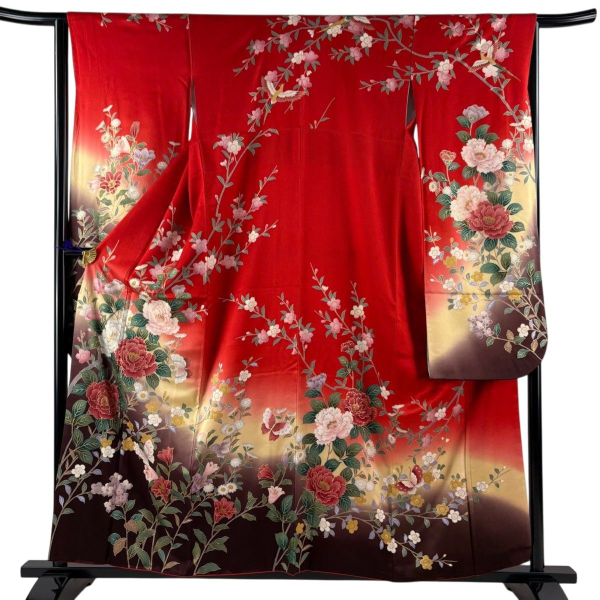 振袖 身丈158cm 裄丈64.5cm M 袷 牡丹 蝶 金彩 ぼかし 赤 正絹 秀品