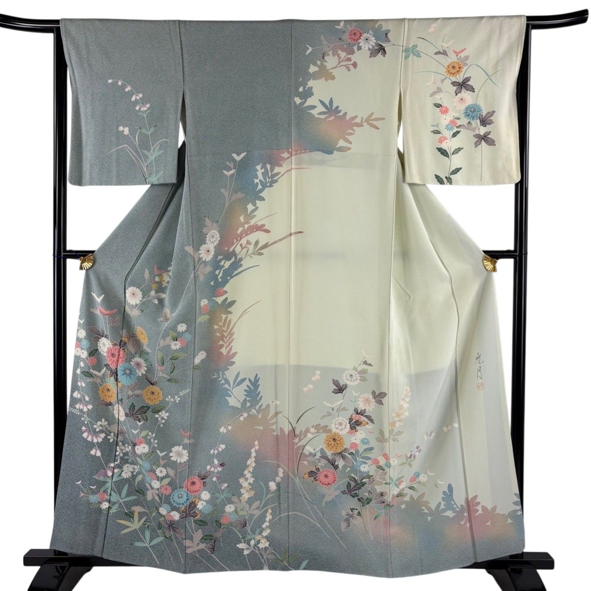 訪問着 身丈159.5cm 裄丈65.5cm M 袷 落款 菊 萩 染め分け ぼかし 青