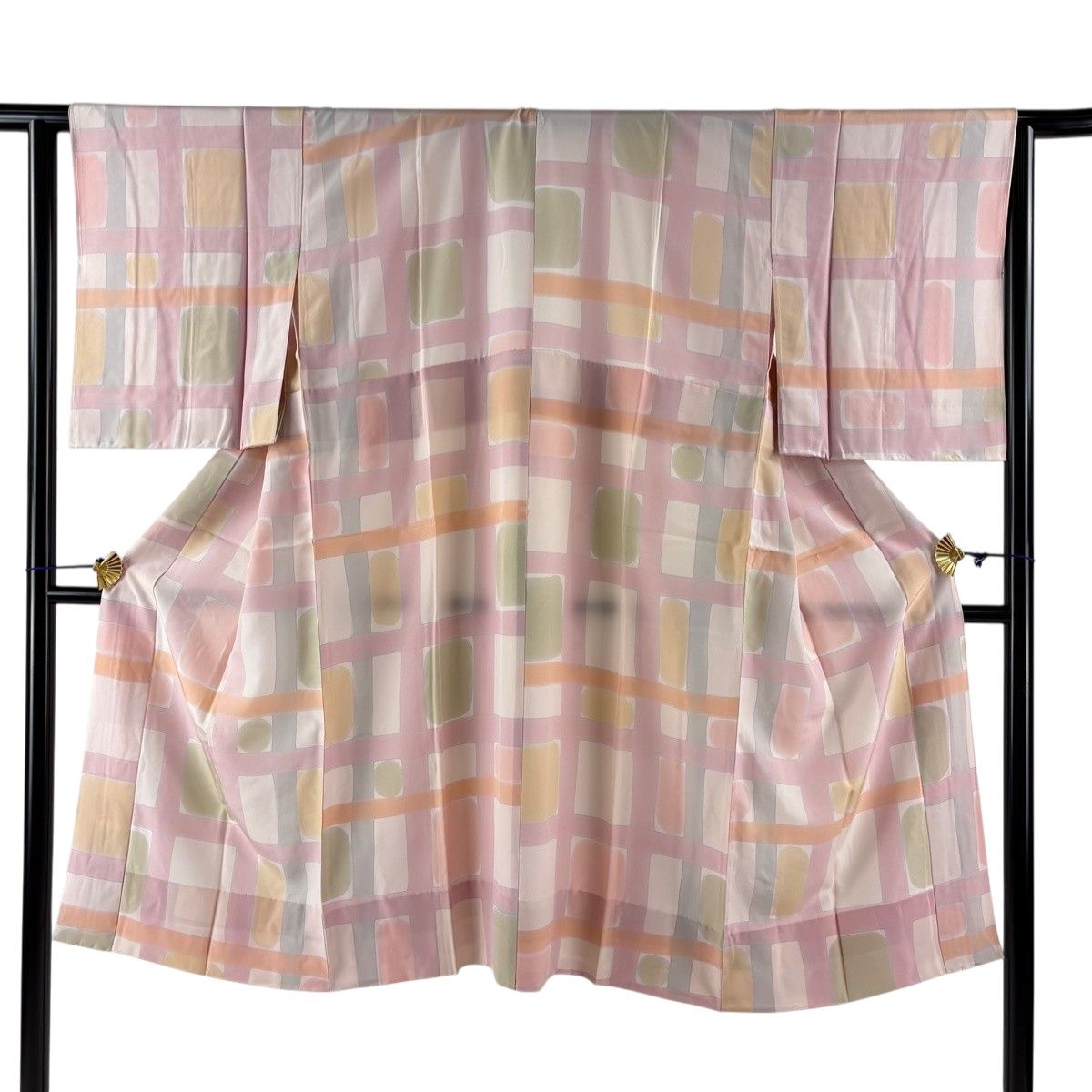 美品】 長襦袢 身丈121cm 裄丈63cm S 琉球藍泥染 証紙 格子 幾何学模様