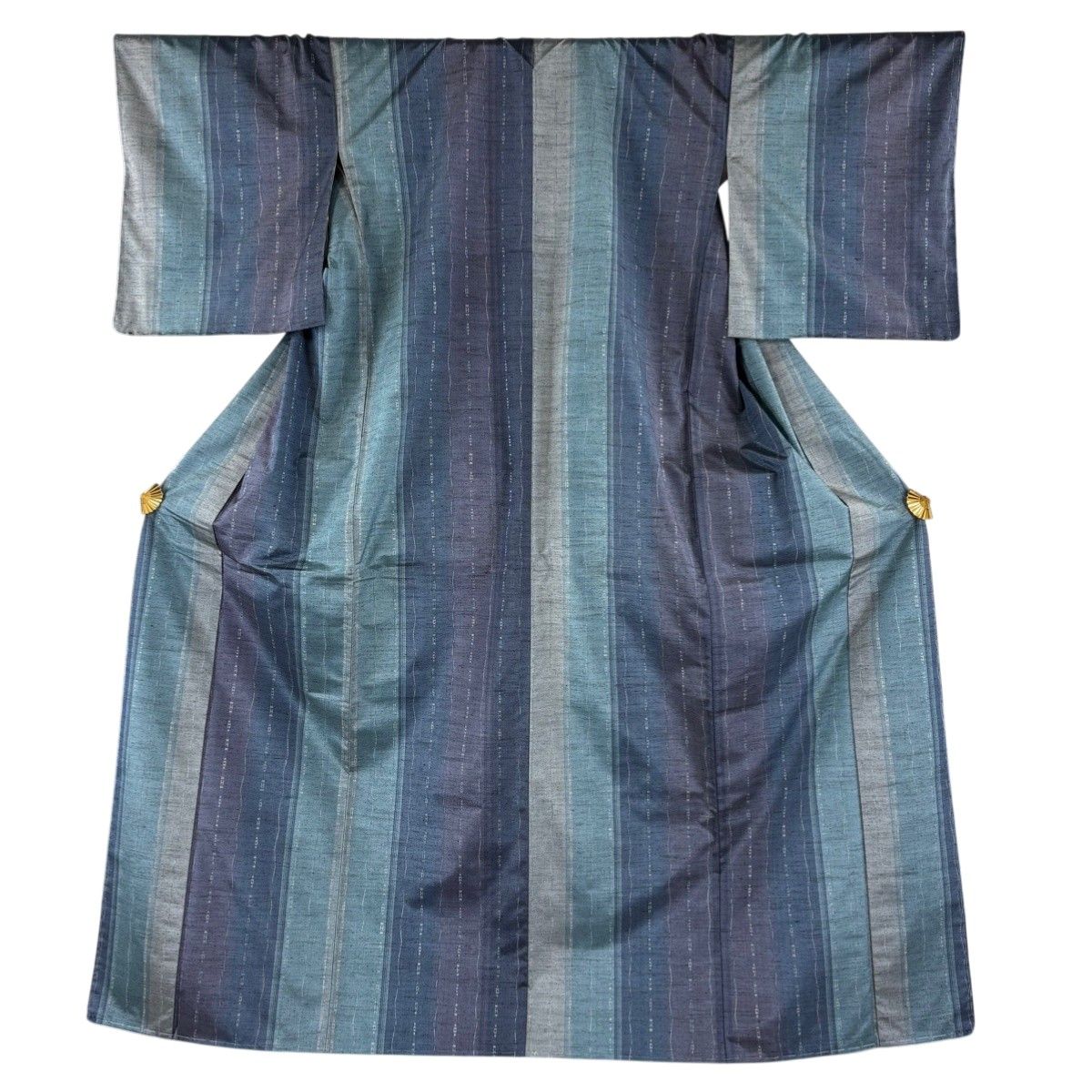 美品】 紬 身丈163cm 裄丈66cm M 袷 縦縞 幾何学模様 青灰色 正絹 秀品