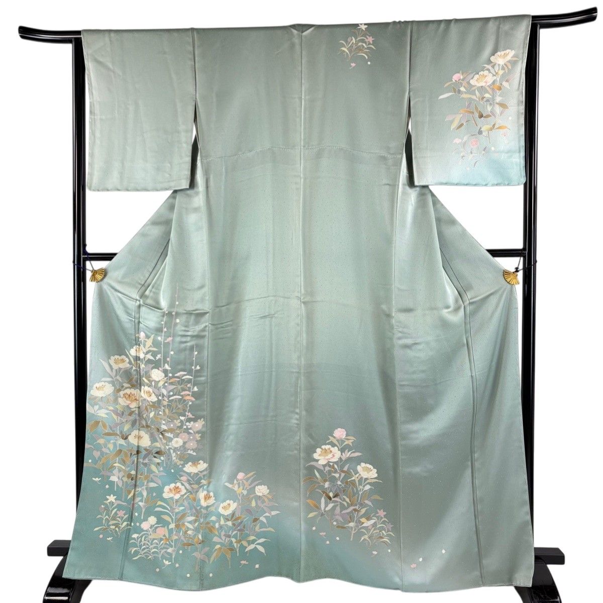 付下げ 身丈165cm 裄丈66cm M 袷 草花 枝梅 金彩 ぼかし 薄緑 正絹 秀