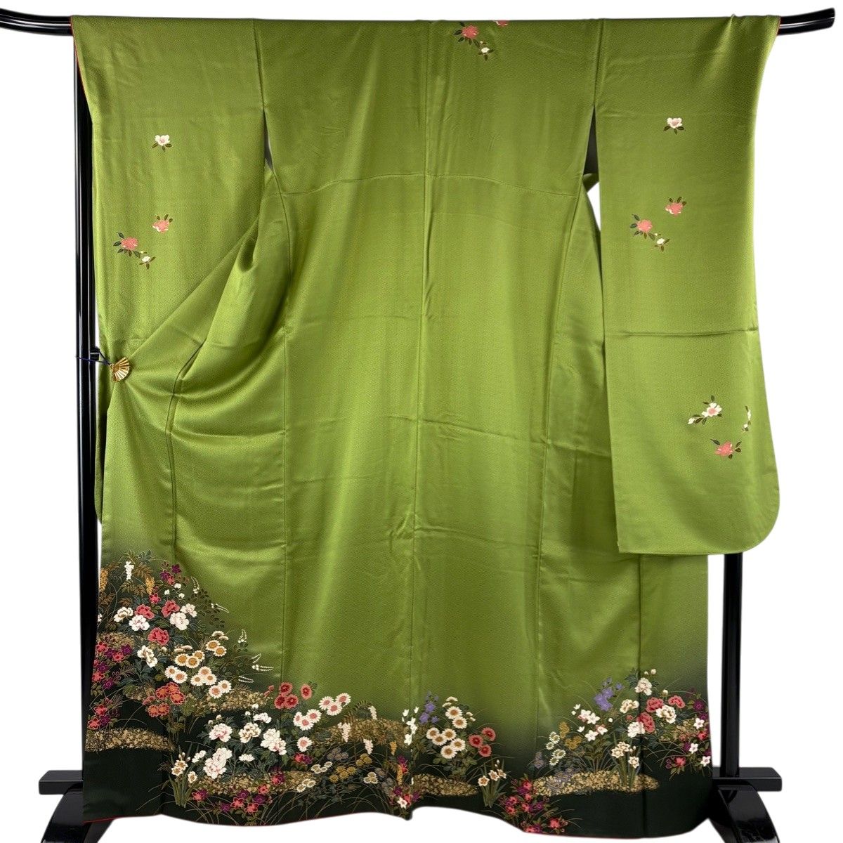 美品】 振袖 身丈165cm 裄丈70.5cm L 袷 草花 霞 金彩 ぼかし よもぎ色