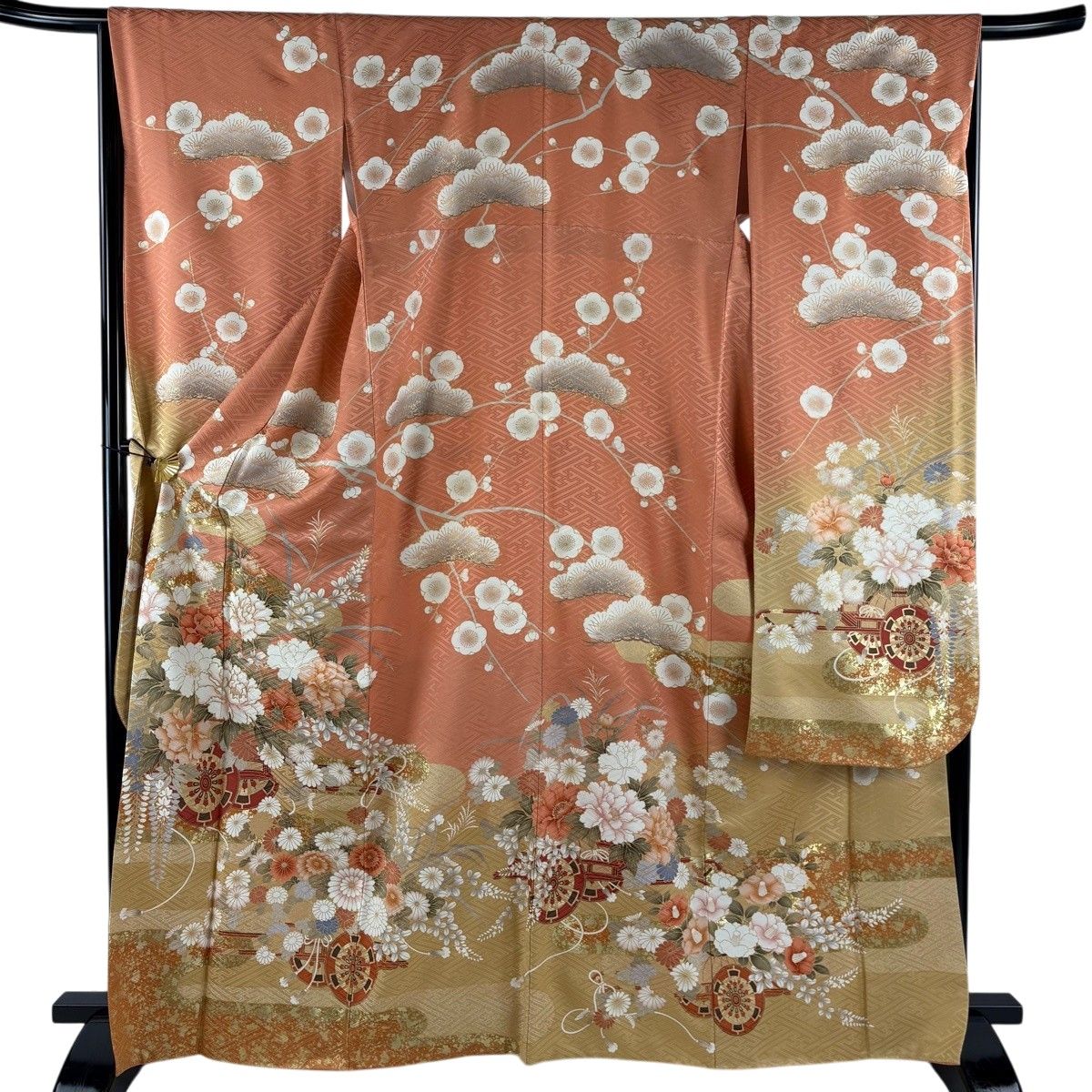 美品】 振袖 身丈166cm 裄丈66.5cm M 袷 花車 松梅 金糸 金彩 薄
