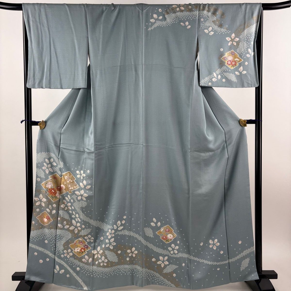 訪問着 身丈163cm 裄丈67cm M 袷 牡丹 霞 金糸 金彩 水色 正絹 秀品