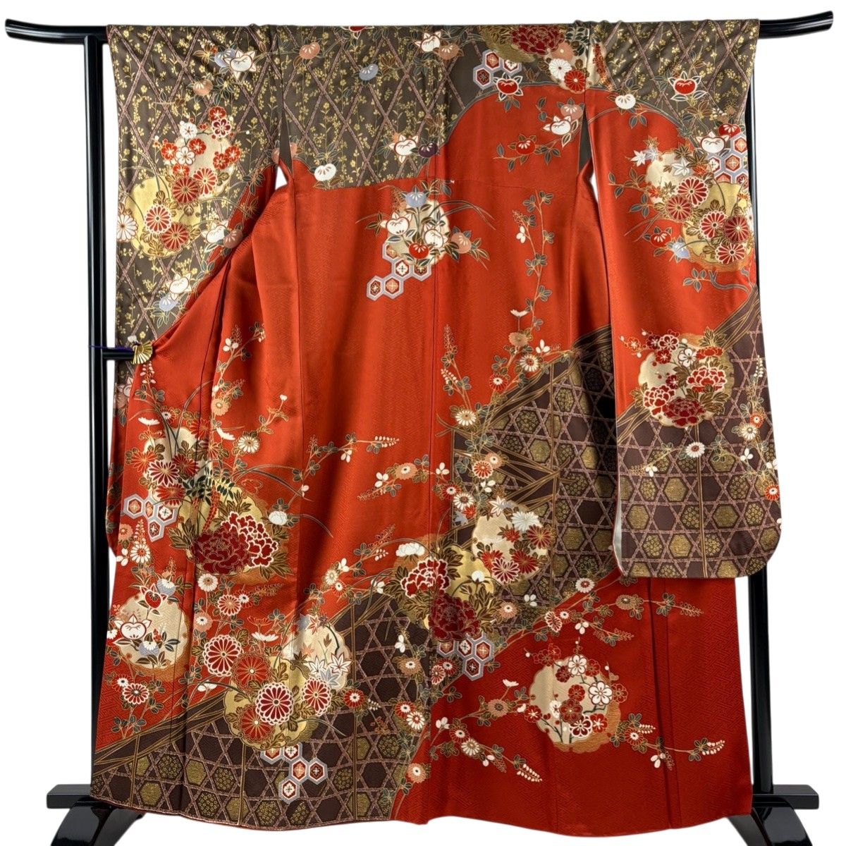 振袖 身丈163.5cm 裄丈65.5cm M 袷 牡丹 雪輪 金彩 染め分け 朱色 正絹