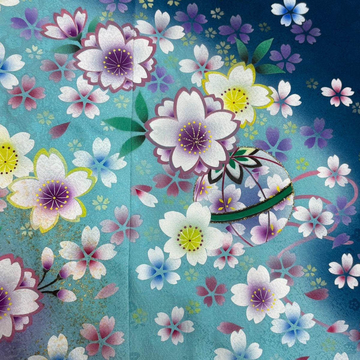 振袖 身丈167.5cm 裄丈70cm L 袷 桜 手鞠 金彩 箔 青 正絹 秀品 【中古