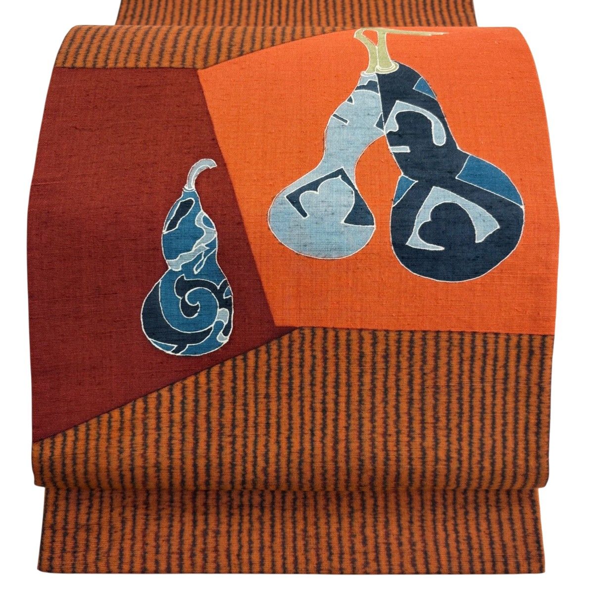 袋帯 秀品 証紙 大島紬地 瓢箪 縞 オレンジ お太鼓柄 正絹 【中古