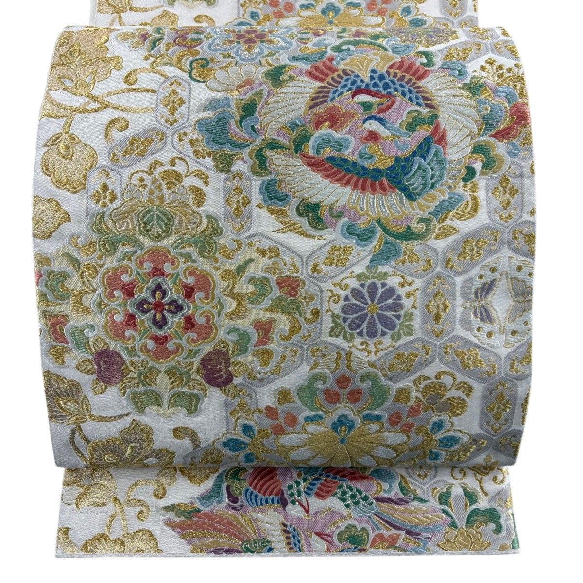 袋帯 美品 名品 宮廷の誘い 華文 向かい鳥 金糸 クリーム 六通