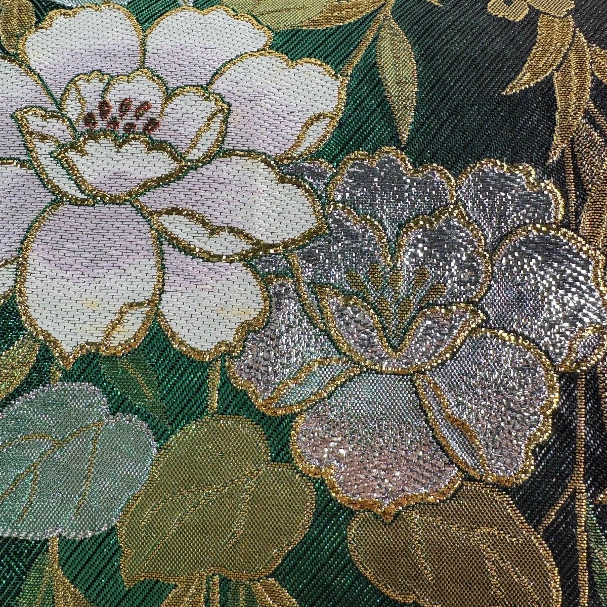 袋帯 美品 秀品 天平向い鴛鴦文 金銀糸 箔 青緑 六通