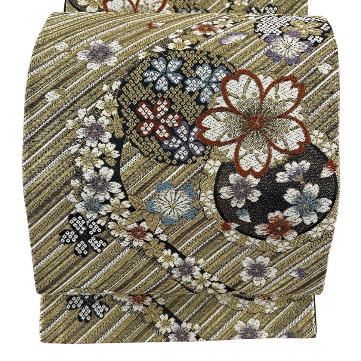 美品】 袋帯 秀品 鈴乃屋 桜 雪輪 金糸 唐織 金色 六通 正絹 【中古