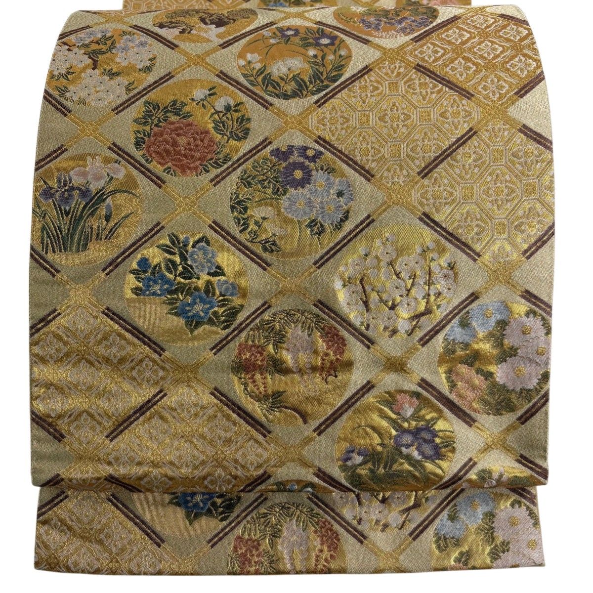 美品】 袋帯 秀品 菱天井 草花 金糸 箔 金色 六通 正絹 【中古