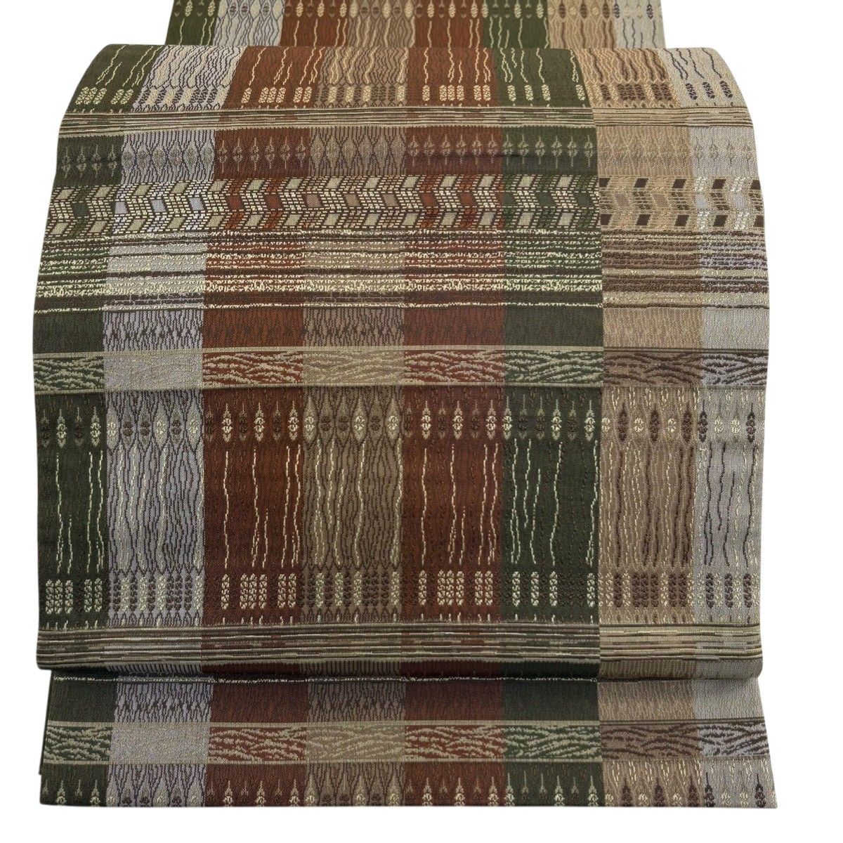 美品】 袋帯 秀品 縞 幾何学 赤茶 全通 正絹 【中古】 - メルカリ