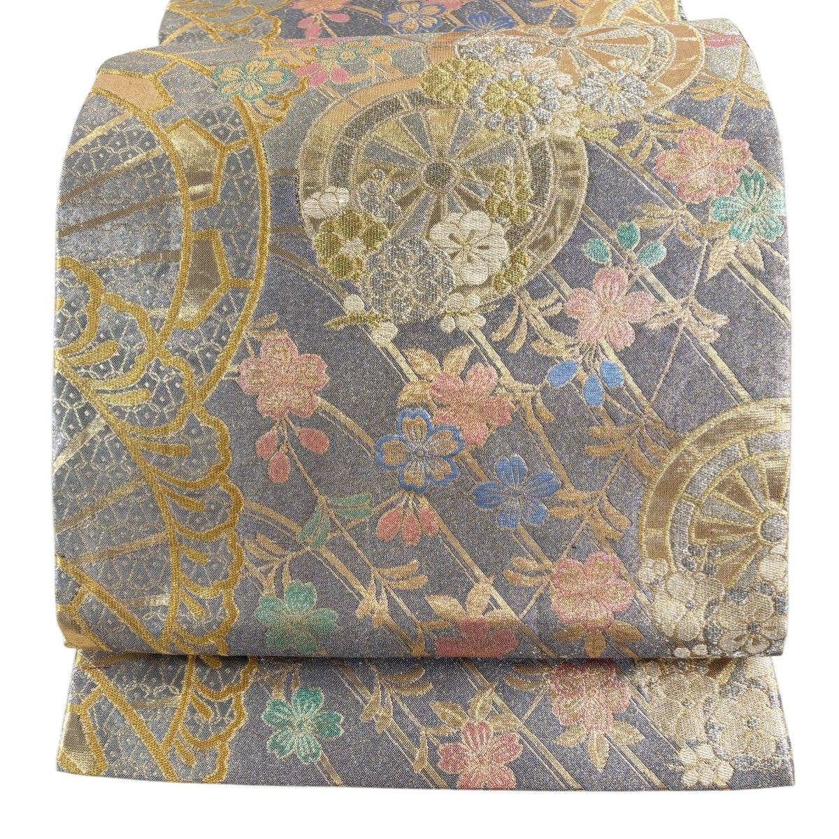 美品】 袋帯 秀品 源氏車 桜 金銀糸 箔 灰色 六通 正絹 【中古