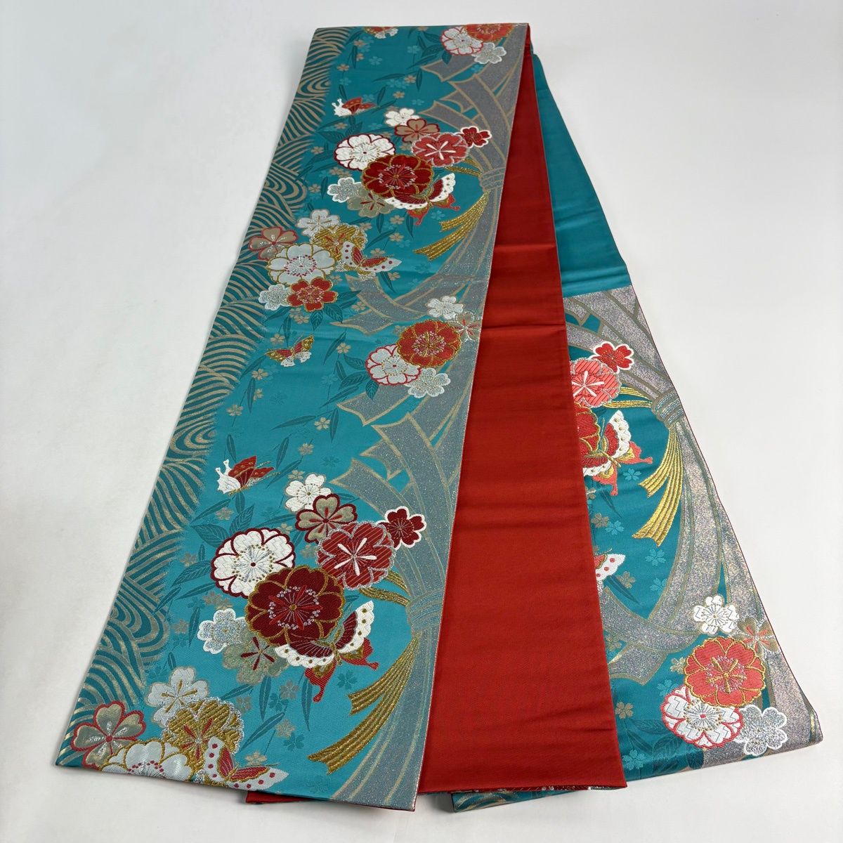 袋帯 秀品 蝶 桜 金糸 箔 青緑 六通 正絹 中古 - メルカリ