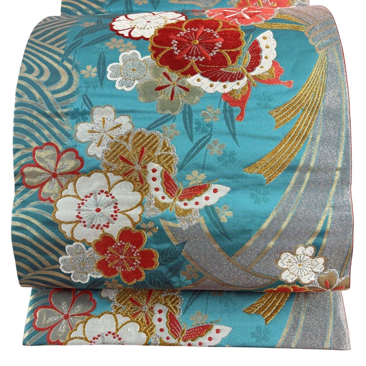 袋帯 秀品 蝶 桜 金糸 箔 青緑 六通 正絹 【中古】 - メルカリ