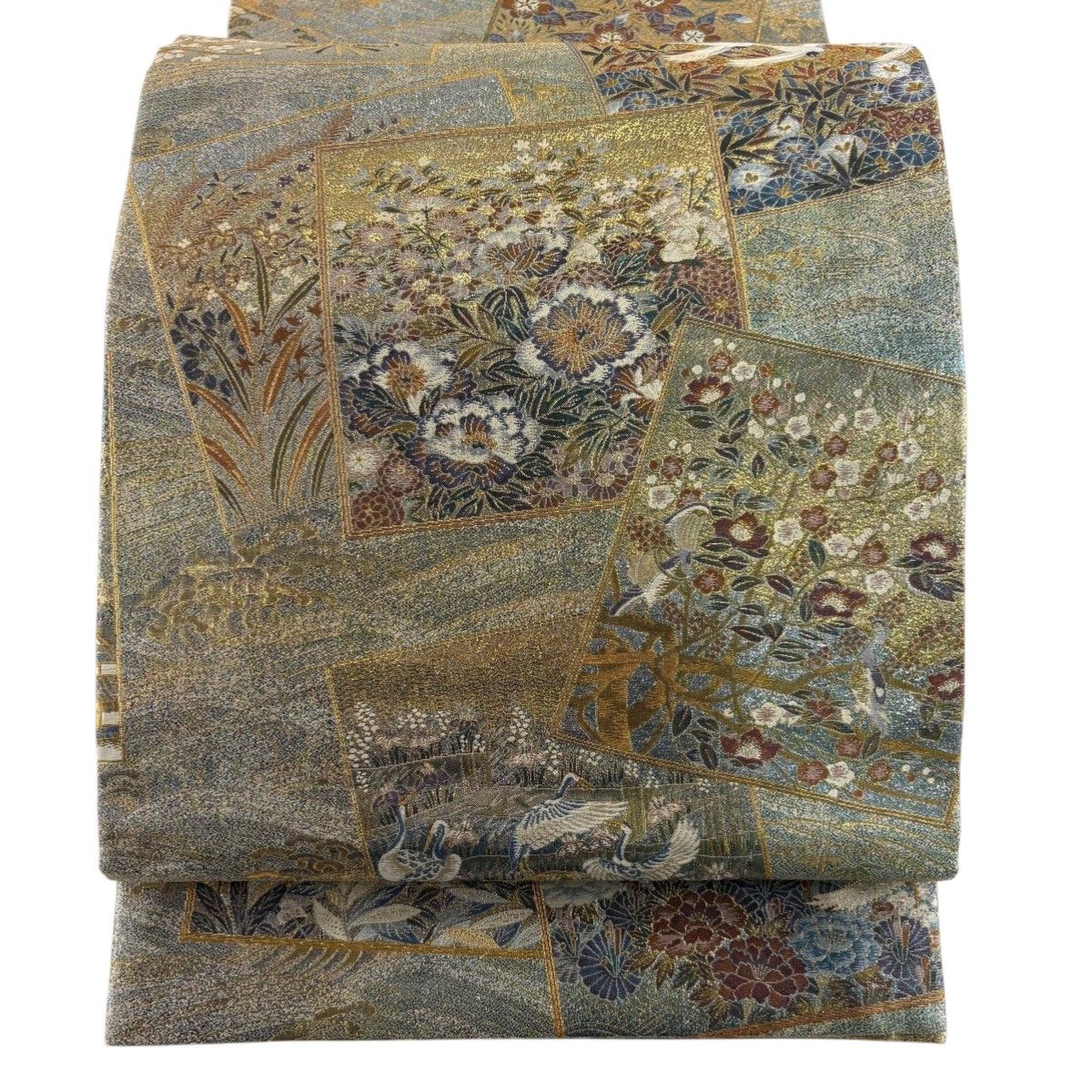 美品】 丸帯逸品色紙花鳥金銀糸箔灰緑全通正絹【中古】 | Buyee日本 