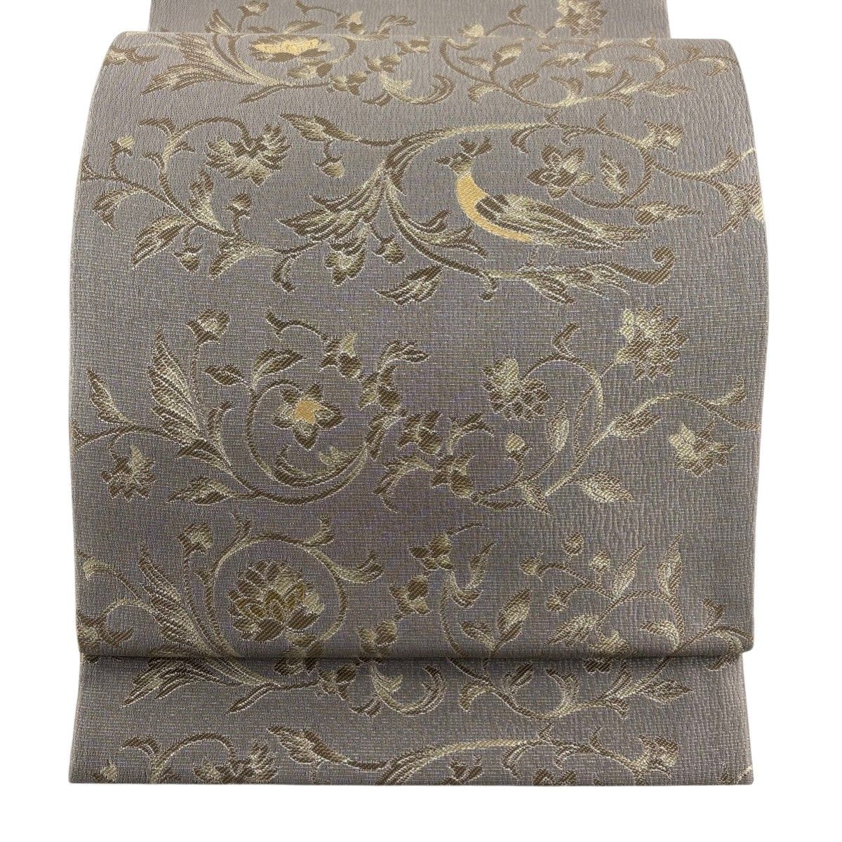 美品】 袋帯 逸品 黄金ムガ蚕 花唐草 鳥 灰紫 六通 正絹 【中古