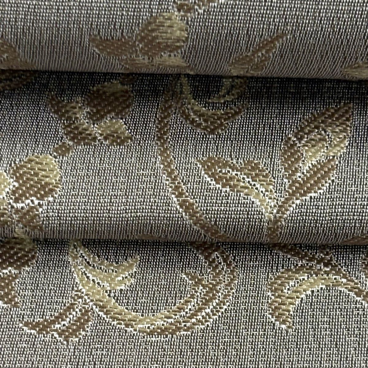 美品】 袋帯 逸品 黄金ムガ蚕 花唐草 鳥 灰紫 六通 正絹 【中古