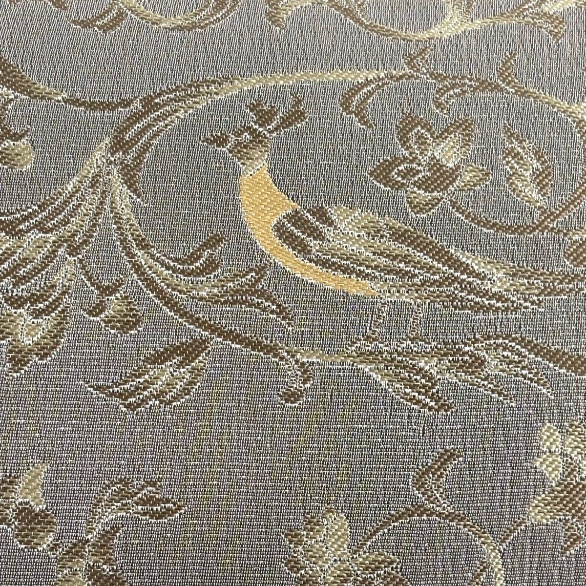 美品】 袋帯 逸品 黄金ムガ蚕 花唐草 鳥 灰紫 六通 正絹 【中古