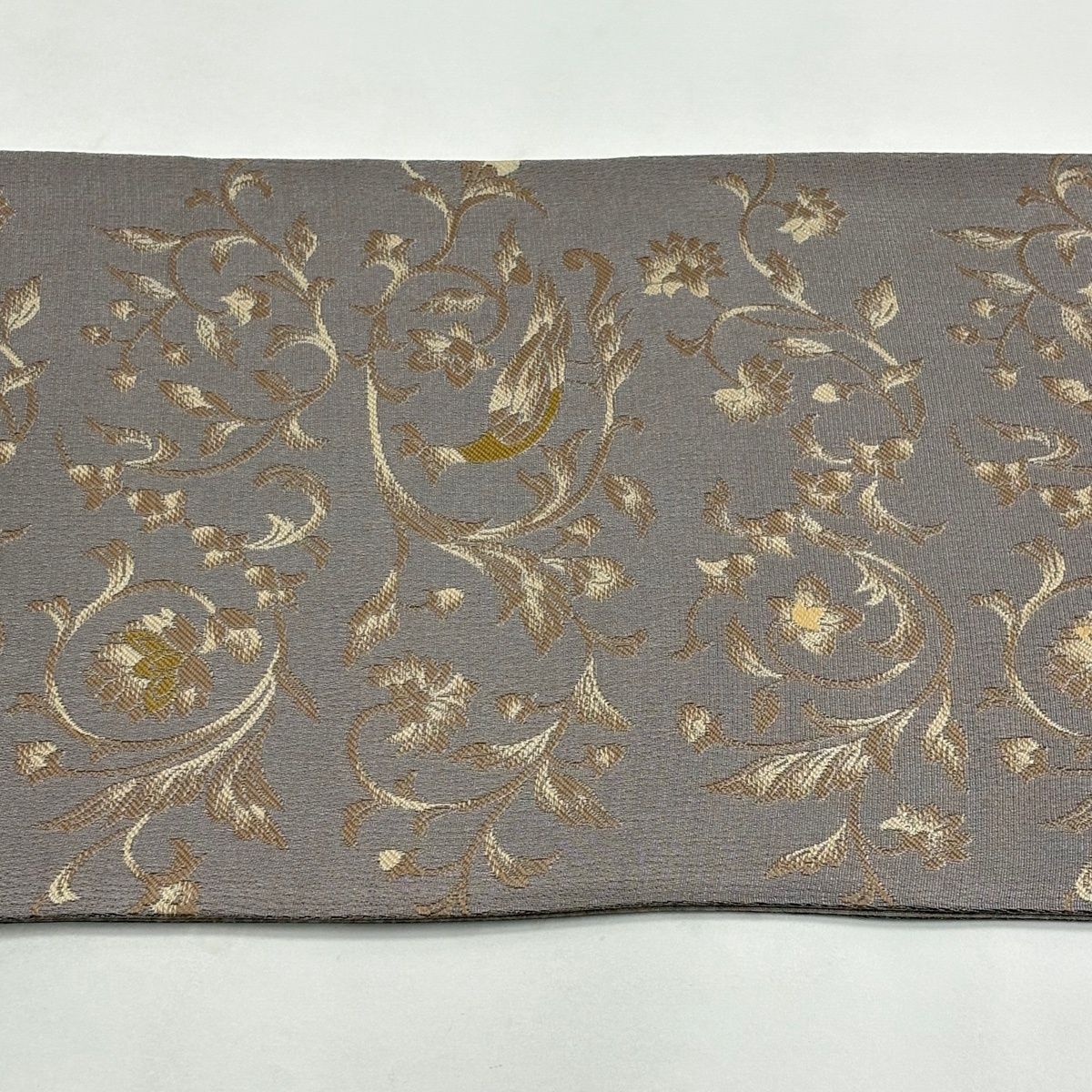 美品】 袋帯 逸品 黄金ムガ蚕 花唐草 鳥 灰紫 六通 正絹 【中古