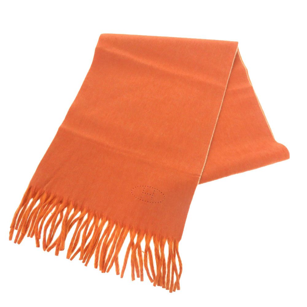新品同様 エルメス ロゴ カシミヤ オレンジ マフラー 0784 HERMES