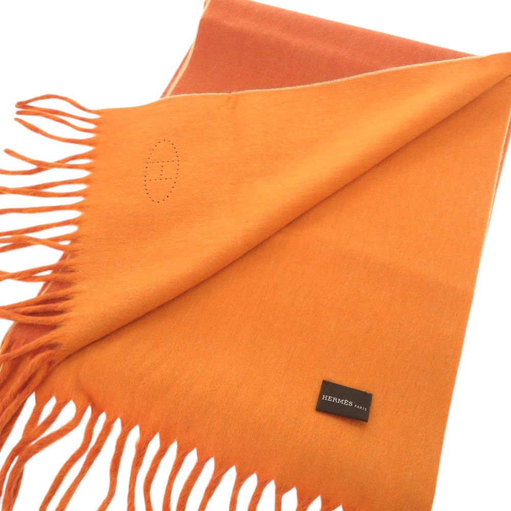 新品同様 エルメス ロゴ カシミヤ オレンジ マフラー 0784 HERMES