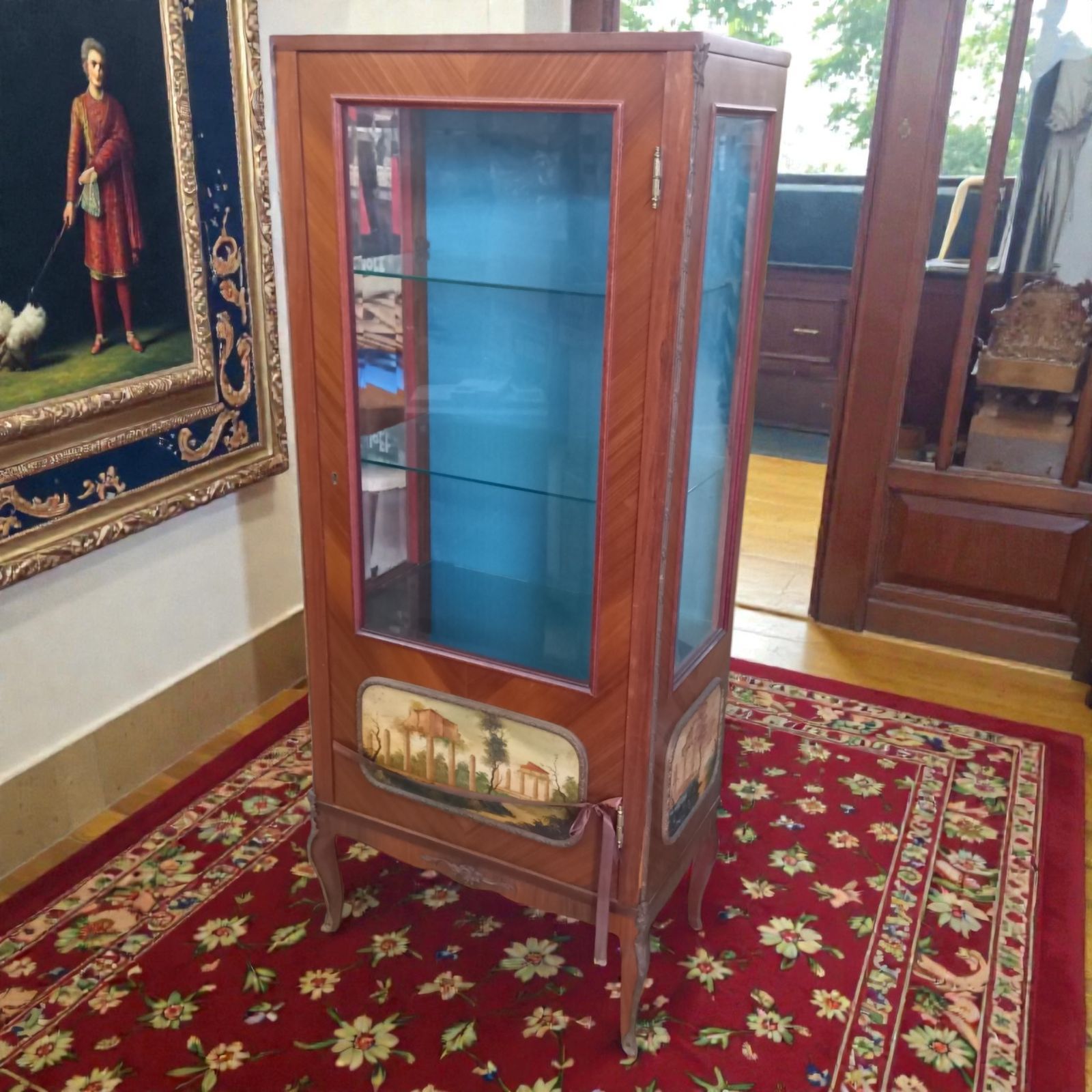 アンティーク キュリオケース 飾り棚 象嵌 猫脚 ガラスキャビネット 鍵