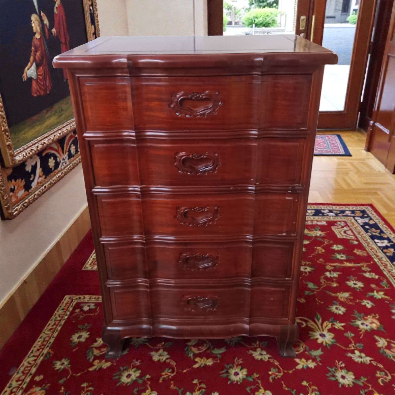 アンティーク調 5段チェスト 木製 象嵌風 彫刻取っ手 猫脚 整理タンス