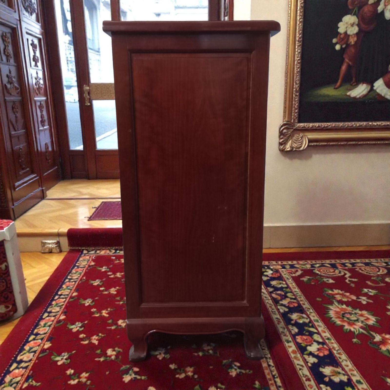 アンティーク調 5段チェスト 木製 象嵌風 彫刻取っ手 猫脚 整理タンス