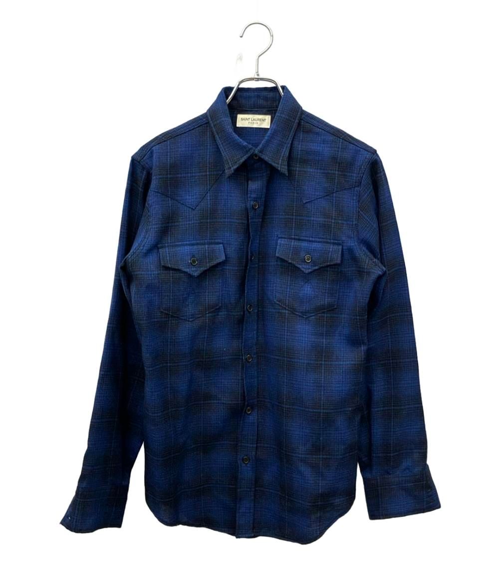 サンローラン 長袖シャツ エディ期 ウールチェック ウェスタン ブルー