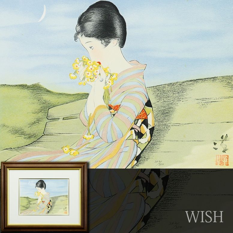 真作】【WISH】竹久夢二「待ちわびて」リトグラフ 〇大正ロマン 夢二式