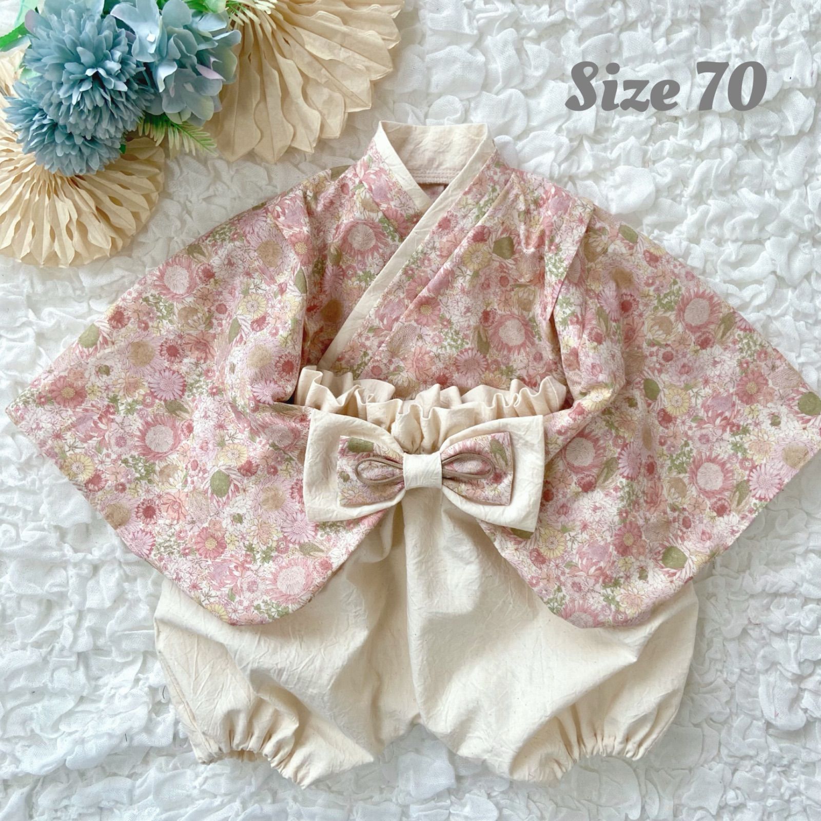 ベビー袴 70サイズ／シェルピンク お正月お食い初めに／ハンドメイド 