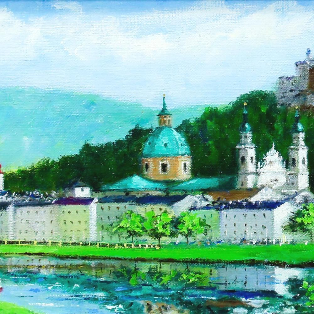 真作】【WISH】羽中田美季「ザルツブルク」油彩 約8号 証明シール ◇緑