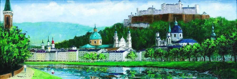 真作】【WISH】羽中田美季「ザルツブルク」油彩 約8号 証明シール ◇緑