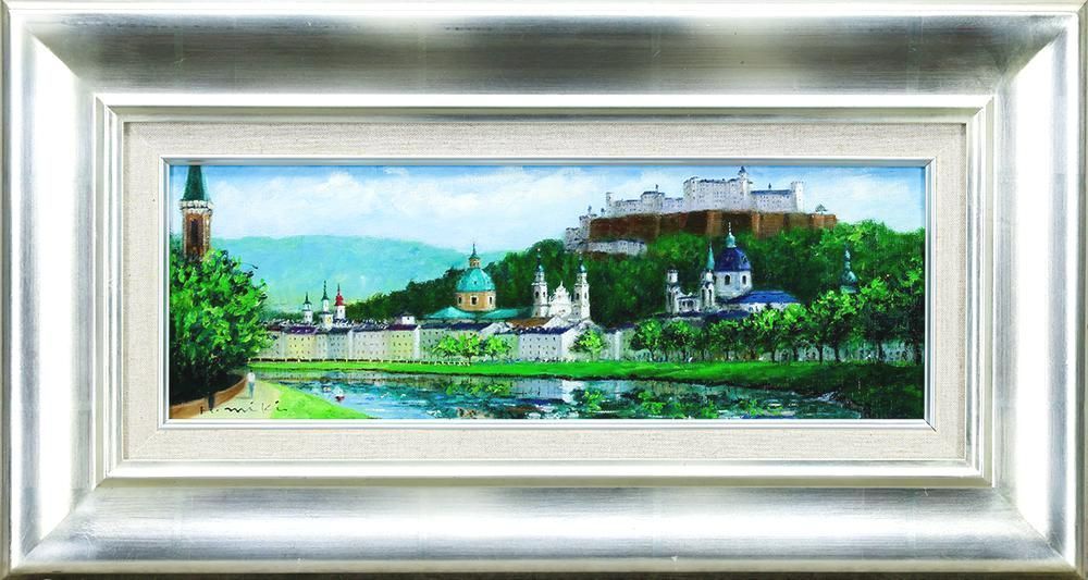 真作】【WISH】羽中田美季「ザルツブルク」油彩 約8号 証明シール ◇緑