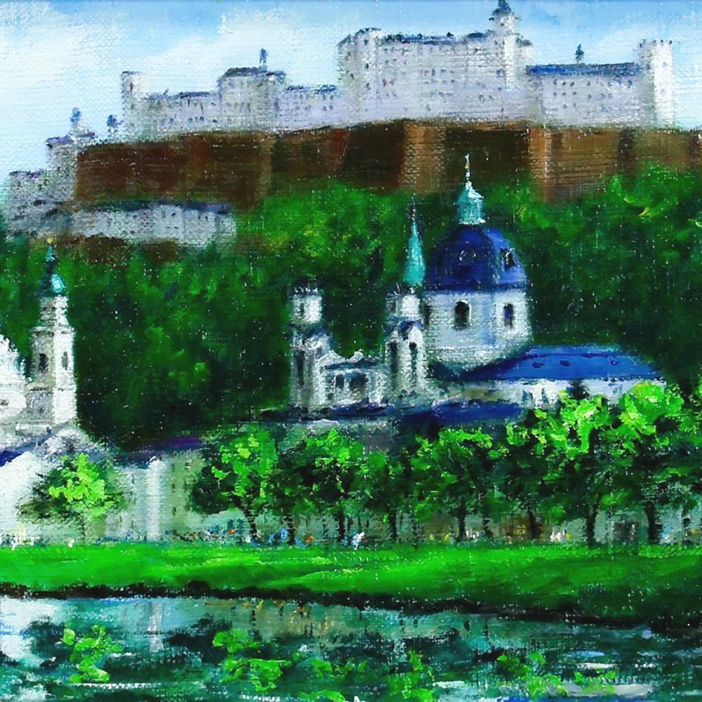 真作】【WISH】羽中田美季「ザルツブルク」油彩 約8号 証明シール ◇緑