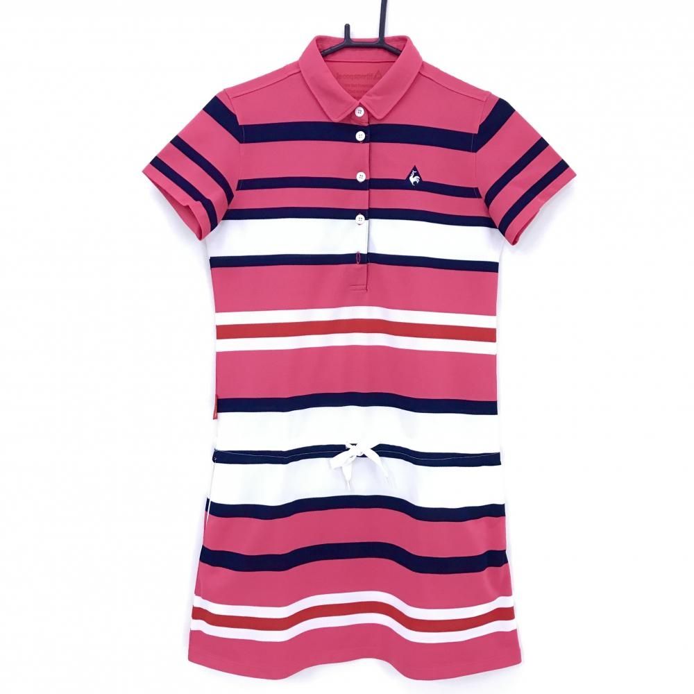 美品】ルコックゴルフ 半袖ポロワンピース ピンク×ネイビー ボーダー調