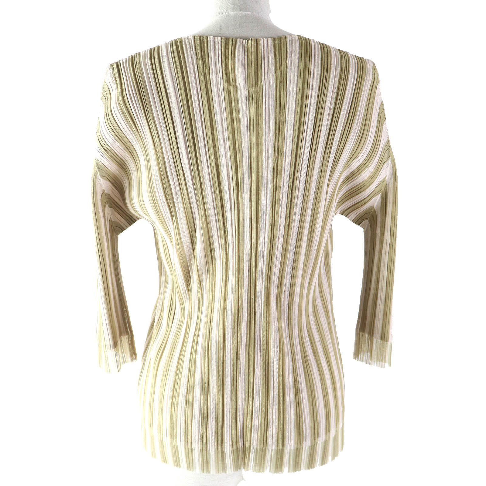 極美品△PLEATS PLEASE プリーツプリーズ イッセイミヤケ PP41-J0676 ストライプ柄 レイヤードデザイン 七分袖 ノーカラー ジャケット カーディガン ベージュ系 3 日本製 正規品 レディース 極美品△PLEATS PLEASE プリーツプリーズ イッセイミヤケ PP41-J0676