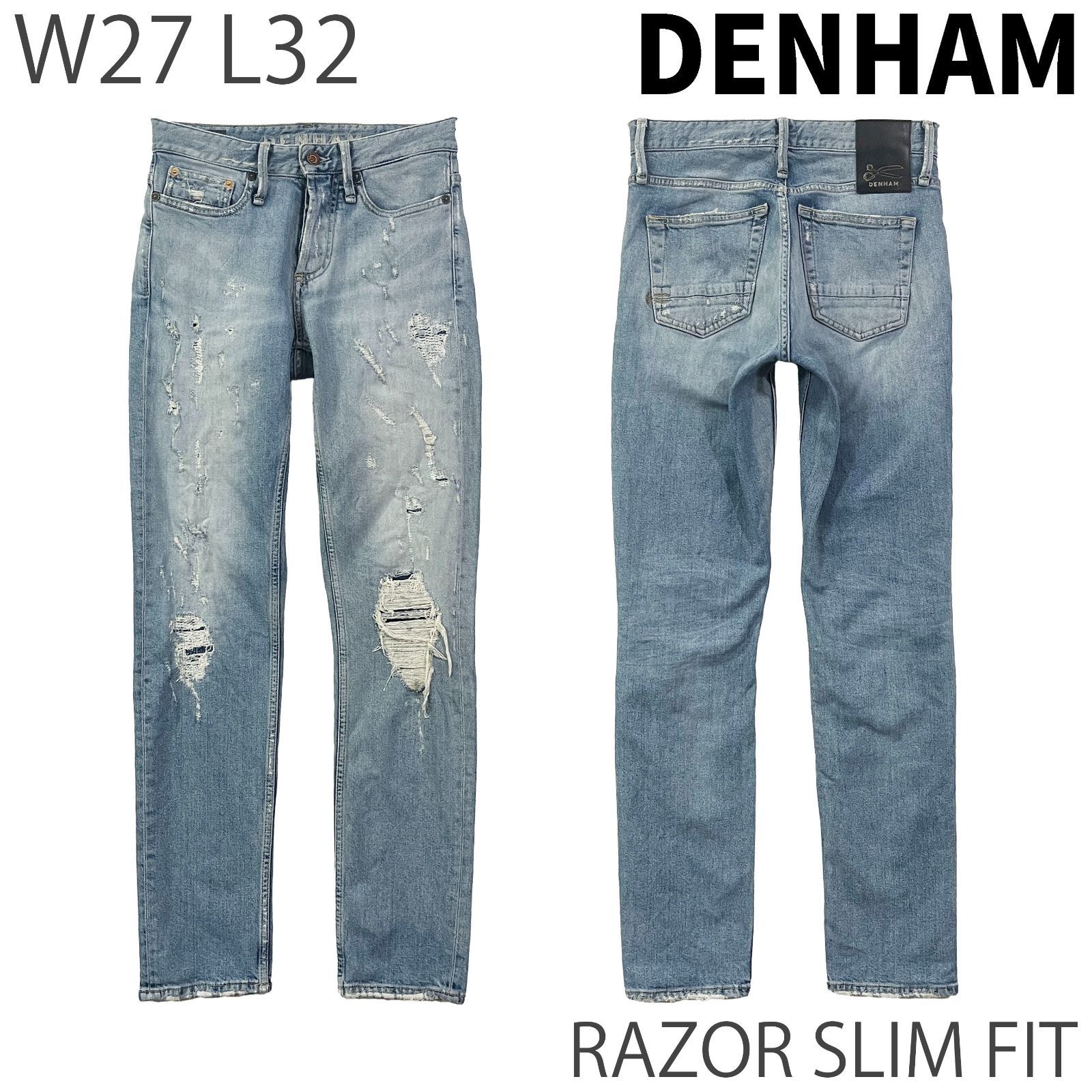 USED／27x32】DENHAM RAZOR スリムフィット ダメージ リペア アイス 