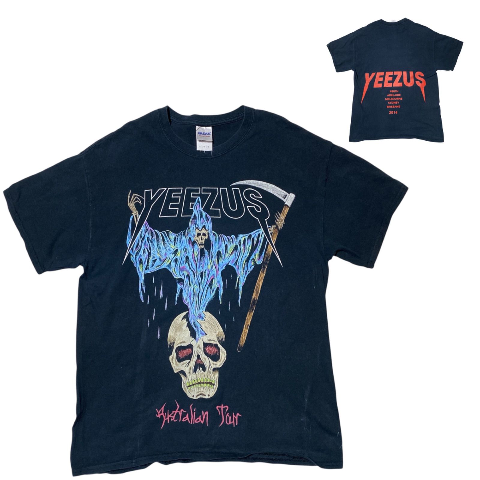 ギルダン カニエ・ウェスト アーティスト グラフィック プリント 死神 リーパー スカル デザイン YEEZUS ロゴ ドクロ ヴィンテージ ブラック 黒 Tシャツ レディース ユニセックス メンズ 古着 半袖 CHM