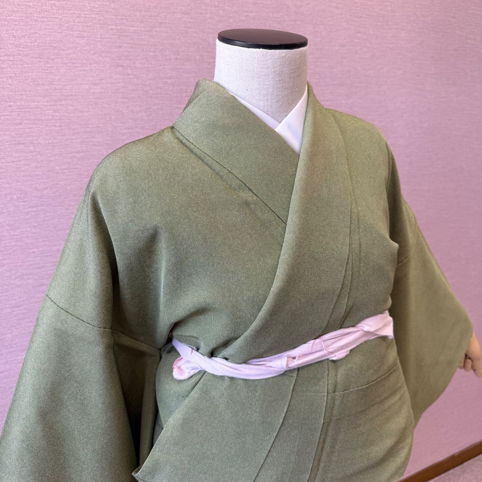 □セール□江戸小紋 袷着物 鮫島 無紋 緑色 普段着やお稽古着に 