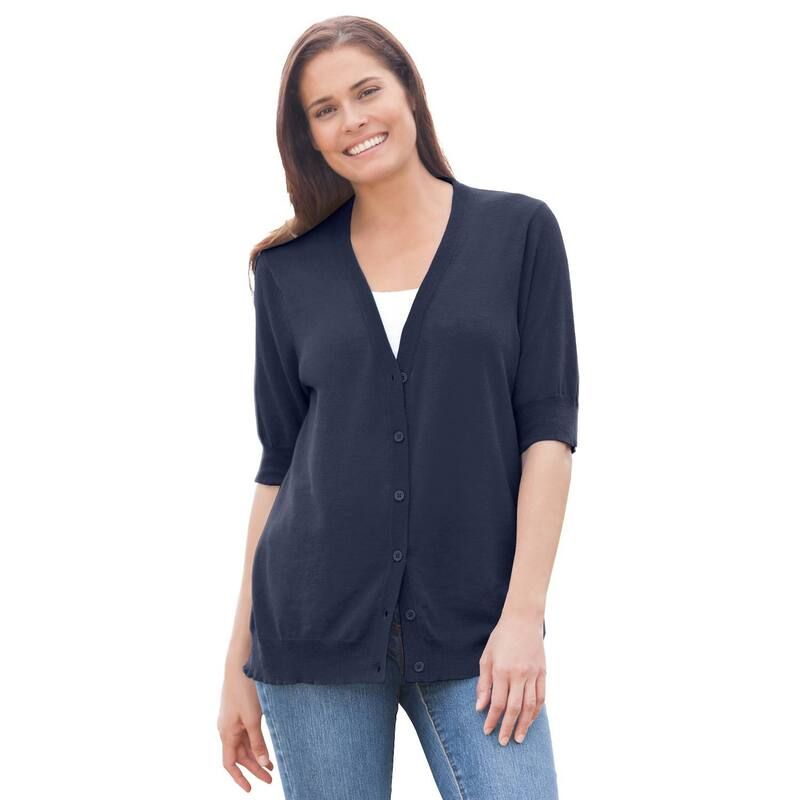 ウーマン ウィズイン レディース アウター ニット・セーター Vネック プラスサイズ カーディガン Woman Within Plusize Lightweight Short Sleeve VNeck Cardigan Sweater Navy ネイビー